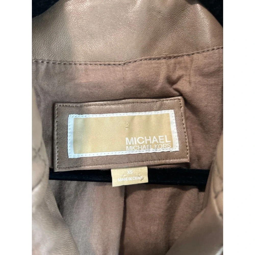 MICHAEL Michael Kors Genuine Leather Moto Jacket Sz XS Taupe Brown Quilted Biker